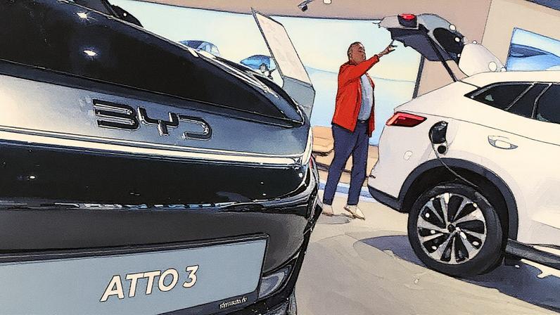 Fabricante de carros elétricos BYD apresenta seus modelos na área Open Space durante a IAA Mobility em Munique, Alemanha (Foto: Reprodução)