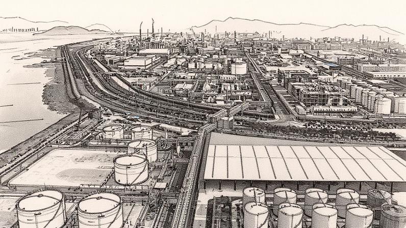 Vista aérea de equipamentos de transporte e tanques de armazenamento em uma planta química (Foto: Reprodução)