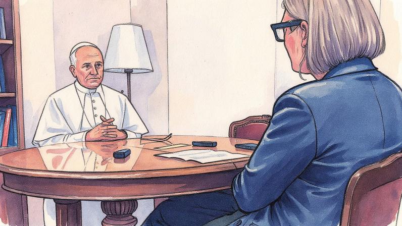 Papa León XIV durante entrevista com a jornalista Elise Ann Allen, que será publicada em forma de livro (Foto: Reprodução)