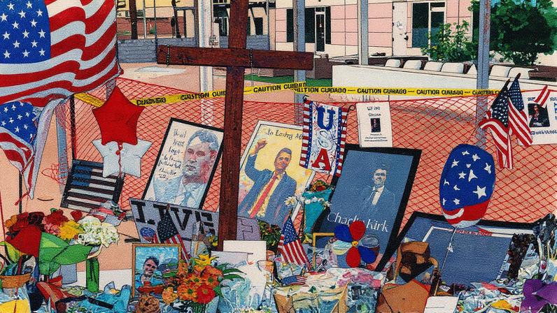 Itens são deixados em um memorial para Charlie Kirk na sede da Turning Point USA, em Phoenix, Arizona, EUA (Foto: Reprodução)