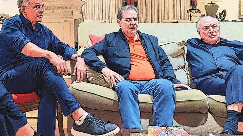 Aécio Neves, Paulinho da Força e Michel Temer discutem texto alternativo ao PL da anistia (Foto: Reprodução)