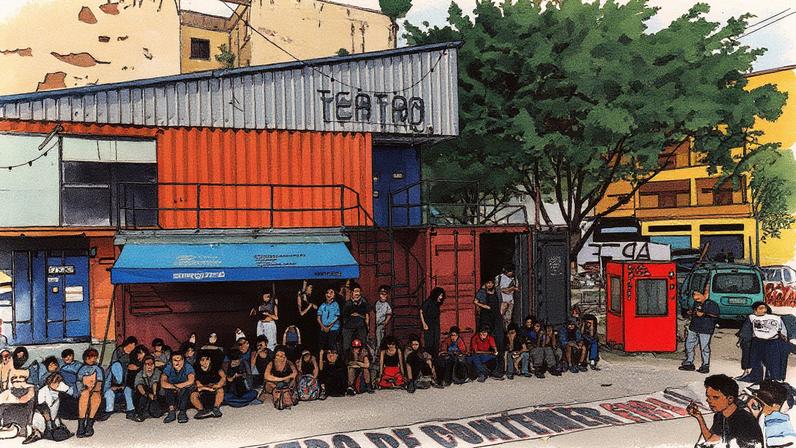Alunos de artes cênicas participam de atividade no Teatro de Contêiner, em São Paulo (Foto: Reprodução)