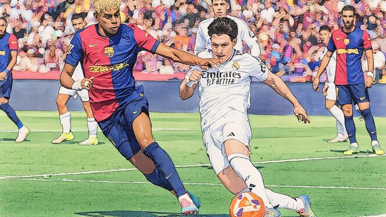 Defensor espanhol do Real Madrid, Francisco Garcia, disputa a bola com o atacante espanhol do Barcelona, Lamine Yamal, durante partida da liga espanhola no Estadi Olímpic Lluís Companys, em Barcelona (Foto: Reprodução)