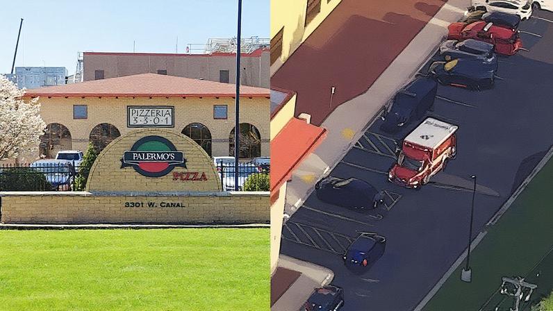 Montagem da fachada da empresa com o momento do acidente (Foto: Reprodução)