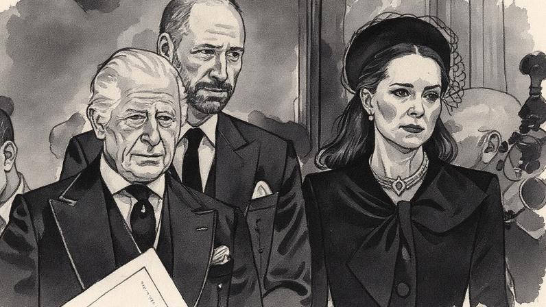 Rei Carlos III, acompanhado pelos príncipes de Gales, Guillermo e Kate Middleton, ao sair do funeral da duquesa de Kent (Foto: Reprodução)