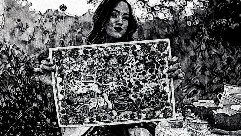 Maidy exibe o mapa do mundo encantado de Florentia, onde se passam as aventuras de seus livros (Foto: Reprodução)