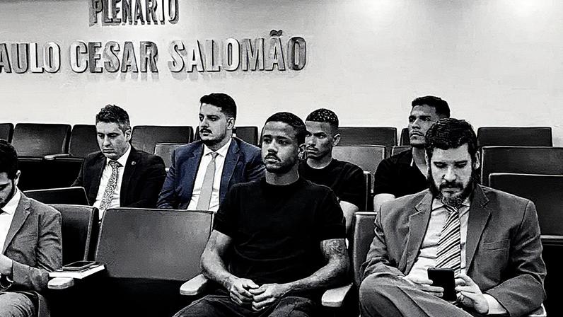 Atletas Ygor Catatau, Romarinho e Gabriel Neri durante audiência no STJD, onde foram reabilitados após mais de dois anos de punição por manipulação de resultados (Foto: Reprodução)