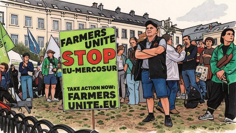 Agricultores europeus protestam contra o acordo entre a UE e Mercosur em frente ao Parlamento Europeu em Bruxelas (Foto: Reprodução)