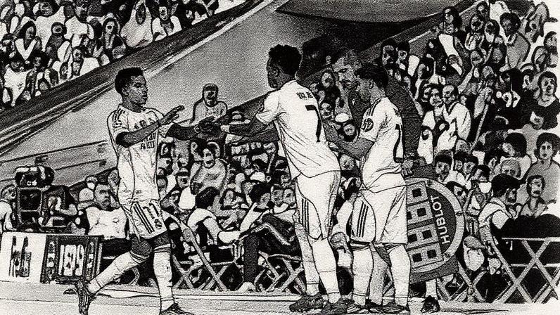 Vini Jr. entra em campo para substituir Rodrygo durante o segundo tempo da partida entre Real Madrid e Olympique de Marselha (Foto: Reprodução)