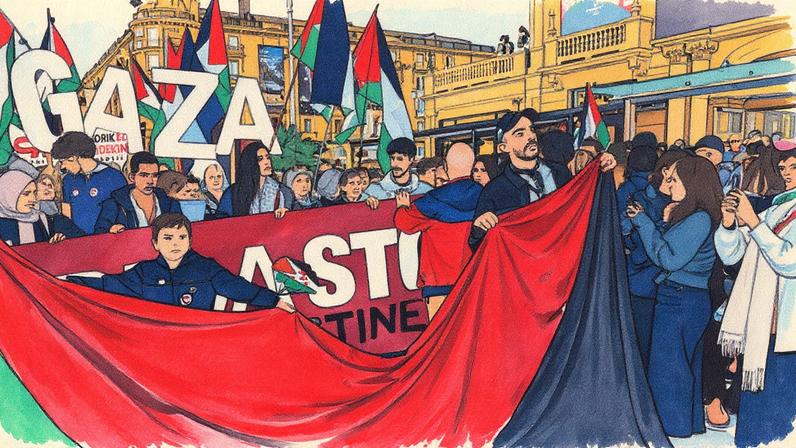 Protesto a favor da Palestina durante o Festival de Cinema de San Sebastián (Foto: Reprodução)