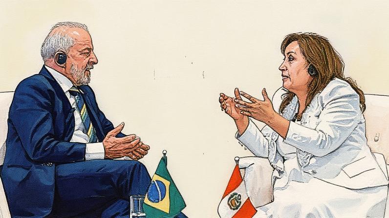 Presidente Lula e presidente do Peru, Dina Boluarte, durante reunião bilateral (Foto: Reprodução)