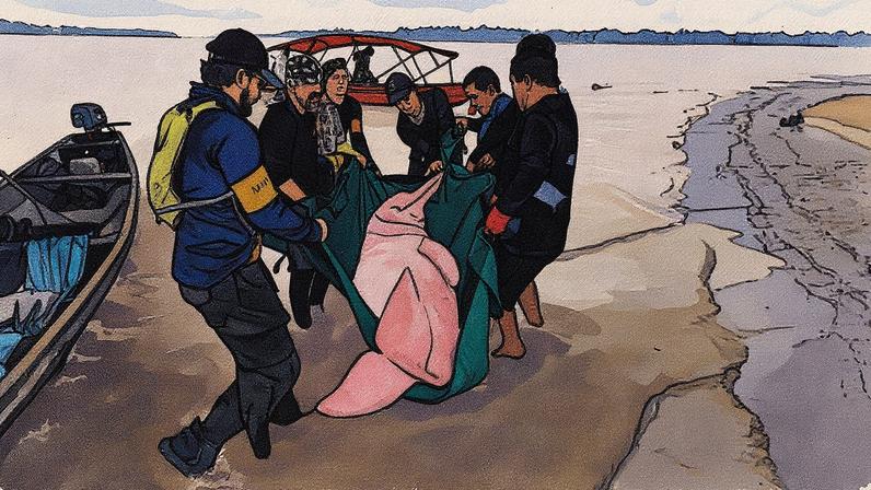 Delfim rosado é capturado no rio Amazonas em Puerto Nariño, Colômbia (Foto: Reprodução)