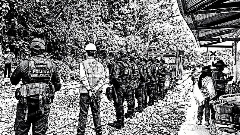 Policiais posam para foto nos trilhos de trem próximos a Machu Picchu, no Peru (Foto: Reprodução)