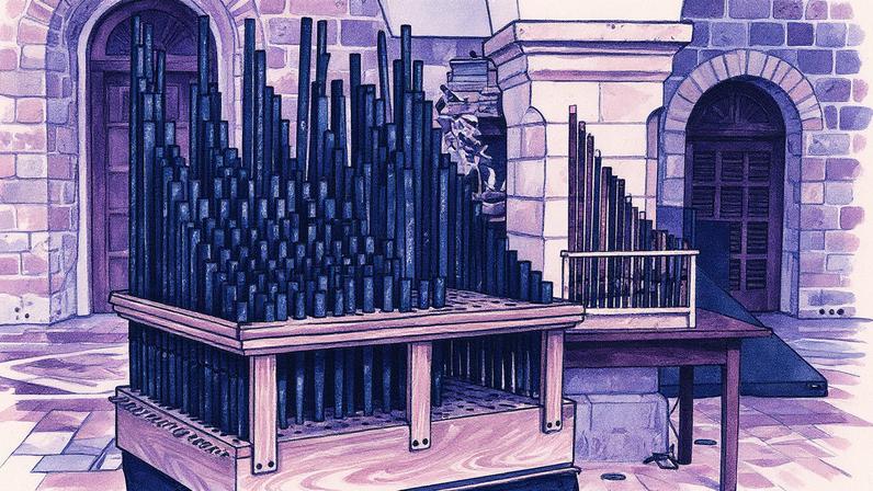 Órgão mais antigo da cristandade é fotografado ao lado de uma réplica durante sua inauguração no Mosteiro de São Salvador, em Jerusalém (Foto: Reprodução)