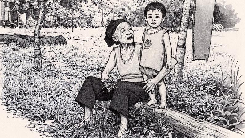 Mulher idosa e criança sentadas ao ar livre (Foto: Reprodução)