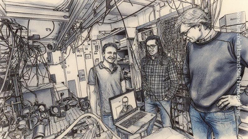 Mikhail Lukin e colegas ao lado de um computador quântico de átomos neutros (Foto: Reprodução)