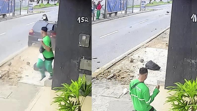 Agente de limpeza evita atropelamento em Aracaju (SE) (Foto: Reprodução)