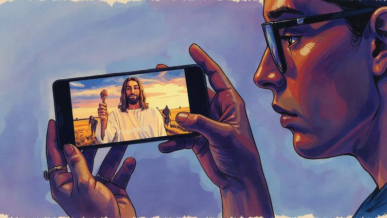 Usuária assiste a vídeos religiosos gerados por IA na plataforma TikTok (Foto: Reprodução)