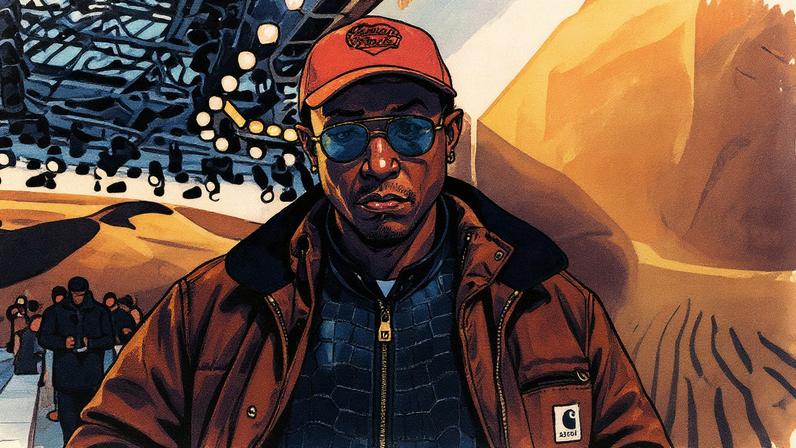 Pharrell Williams posa para a coleção de Outono/Inverno 2025/2026 da Sacai Menswear durante a Semana de Moda de Paris (Foto: Reprodução)