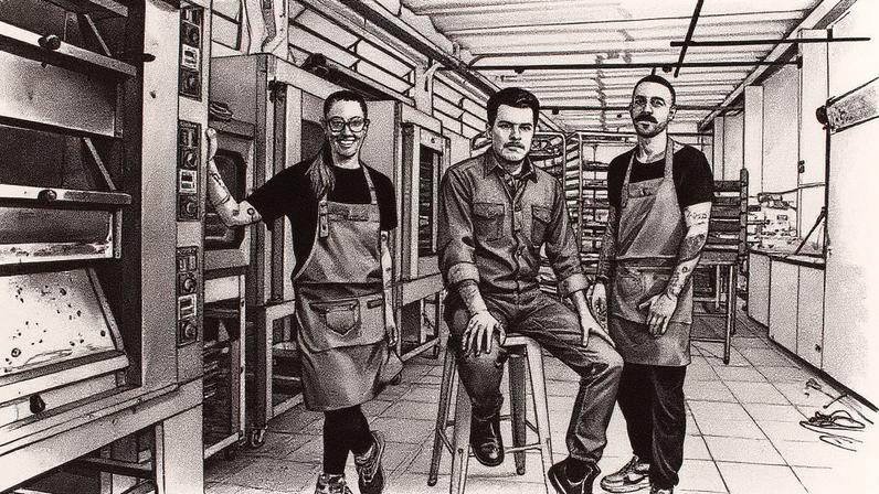 Facundo Guerra, empresário, e os donos da Esquina do Pão, Bruno dos Santos e Alana Fonseca, posam para foto (Foto: Reprodução)