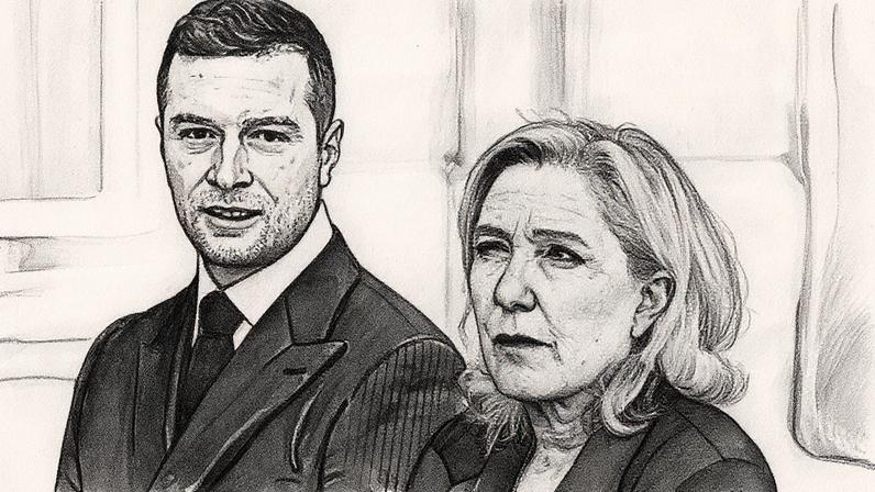 Jordan Bardella e Marine Le Pen, líderes da extrema-direita na França, posam para a foto (Foto: Reprodução)