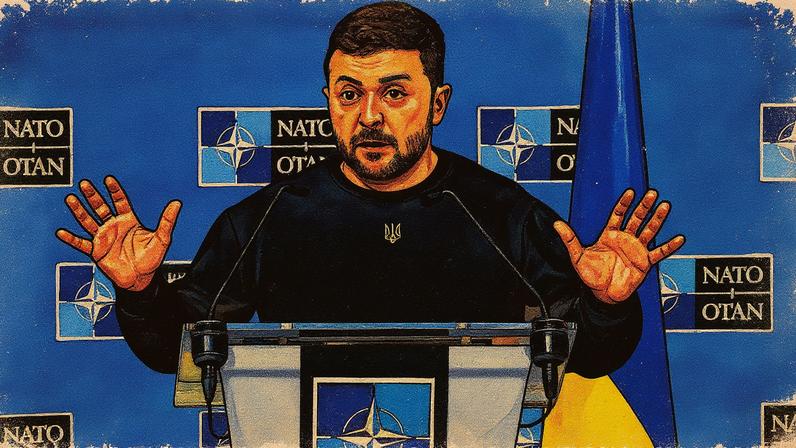 Presidente da Ucrânia, Volodymyr Zelensky, durante entrevista coletiva na sede da Otan, em Bruxelas (Foto: Reprodução)