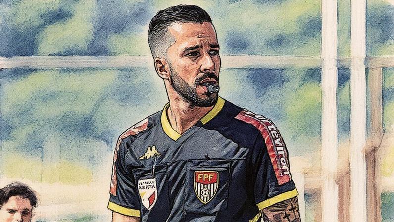 Bruno Santana e Matheus Delgado Candançan, árbitros de futebol, em ação durante partidas de futebol (Foto: Reprodução)