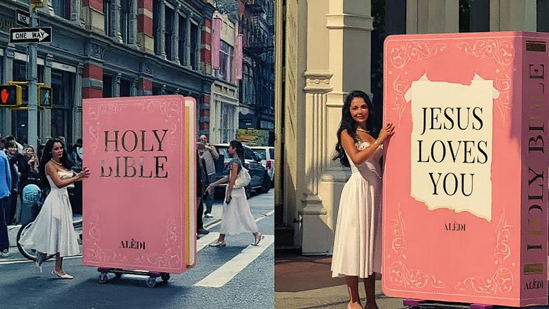 Maria Alejandra Diaz exibe uma Bíblia rosa gigante nas ruas de Nova York (Foto: Reprodução)