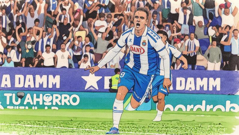 Kike Garcia, do Espanyol, celebra o gol de pênalti que garantiu a vitória de sua equipe em Cornellà (Foto: Reprodução)