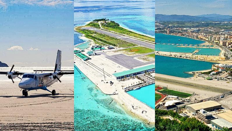 Montagem com os aeroportos da Escócia, Maldivas e Gibraltar (Foto: Reprodução)