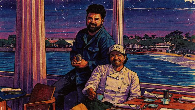 Chefs Rubens Gonçalo e Danilo Parah durante jantar a quatro mãos no Skylab (Foto: Reprodução)