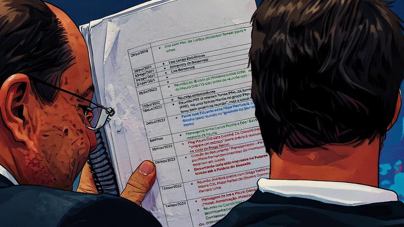 Documentos do advogado de Bolsonaro, Celso Vilardi, durante o segundo dia do julgamento da trama golpista (Foto: Reprodução)