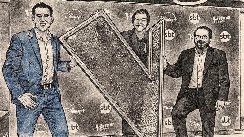 Renato D'Angelo, Boninho e Fernando Fischer discutem detalhes de The Voice no escritório da Disney (Foto: Reprodução)