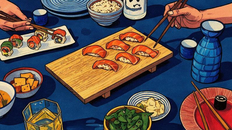 Mãos segurando hashis para pegar maki e nigiri em uma mesa com sushi feito com peixe cultivado em laboratório e outros pequenos acompanhamentos (Foto: Reprodução)