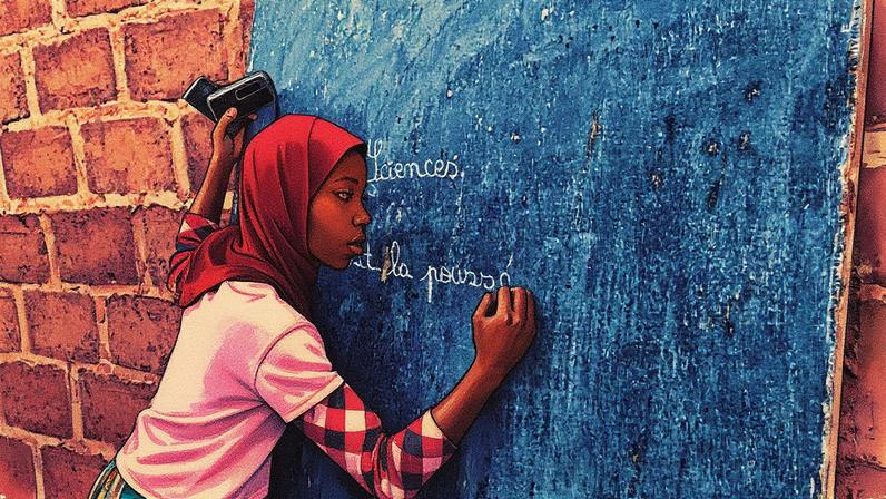 Menina em Burkina Faso estuda com a ajuda de uma rádio (Foto: Reprodução)