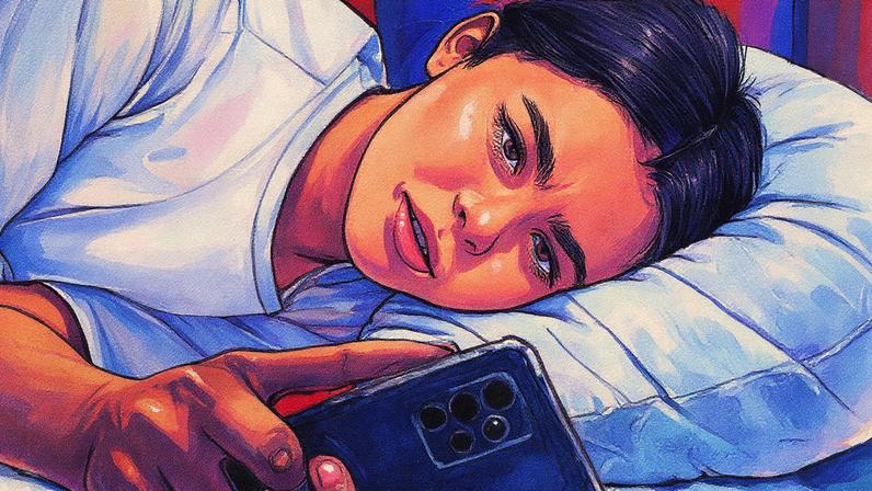 Garota usando celular sem dormir (Foto: Reprodução)