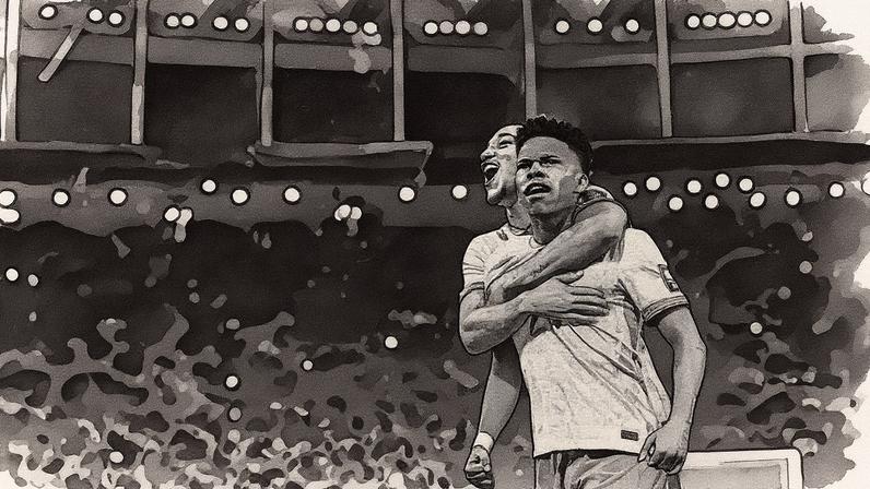 Estêvão é abraçado por João Pedro após marcar seu primeiro gol pela seleção brasileira (Foto: Reprodução)