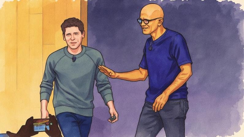 Sam Altman e Satya Nadella, CEOs da OpenAI e Microsoft, em evento sobre parceria (Foto: Reprodução)