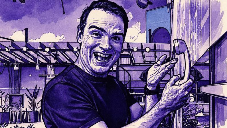 Tadeu Schmidt posa ao lado do Big Fone na casa do BBB (Foto: Reprodução)