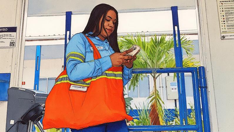 Colaboradora da AG utiliza uma bolsa feita pelo projeto (Foto: Reprodução)