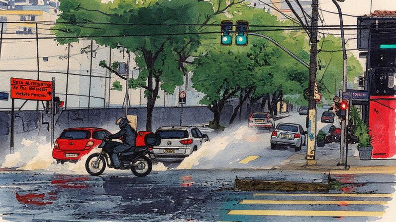 Chuva forte no cruzamento da Rua Padre Chico com a Avenida Pompeia, na região oeste de São Paulo (Foto: Reprodução)