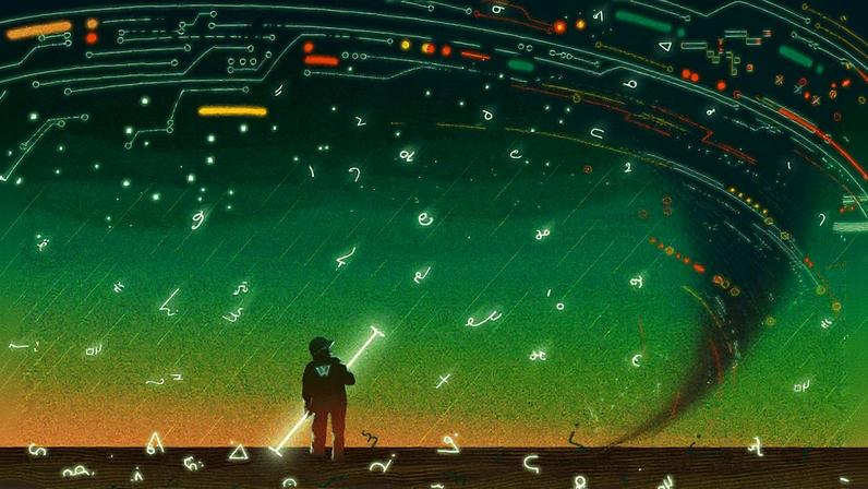 Figura em um casaco com o logotipo da Wikipedia tenta limpar caracteres brilhantes espalhados por uma paisagem, enquanto um tornado digital se forma ao fundo (Foto: Reprodução)