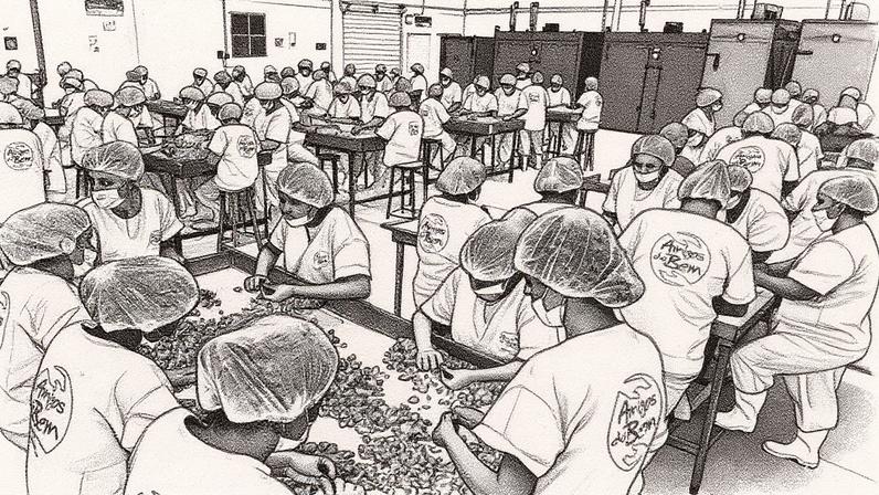 Trabalhadores em uma fábrica de beneficiamento de castanha-de-caju em Buique, Pernambuco (Foto: Reprodução)