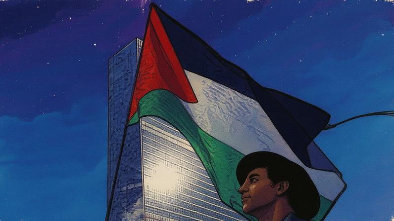Manifestante exibe bandeira da Palestina em frente à sede das Nações Unidas em Nova York (Foto: Reprodução)