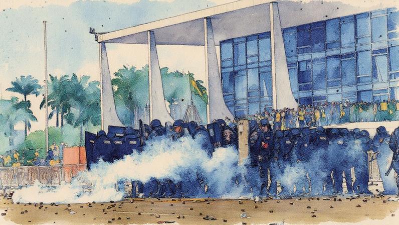 Manifestantes confrontam a polícia com paus e pedras após invasão às sedes dos Três Poderes (Foto: Reprodução)