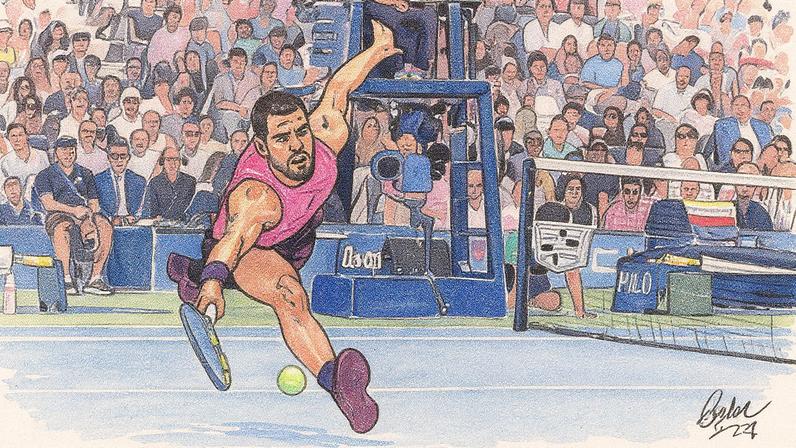 Carlos Alcaraz tenta alcançar a bola durante a semifinal contra Novak Djokovic (Foto: Reprodução)