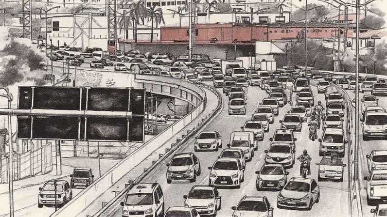 Trânsito na avenida Moreira Guimarães em direção ao aeroporto de Congonhas, zona sul de São Paulo, às 12h30 do dia 4 de uma quinta-feira (Foto: Reprodução)