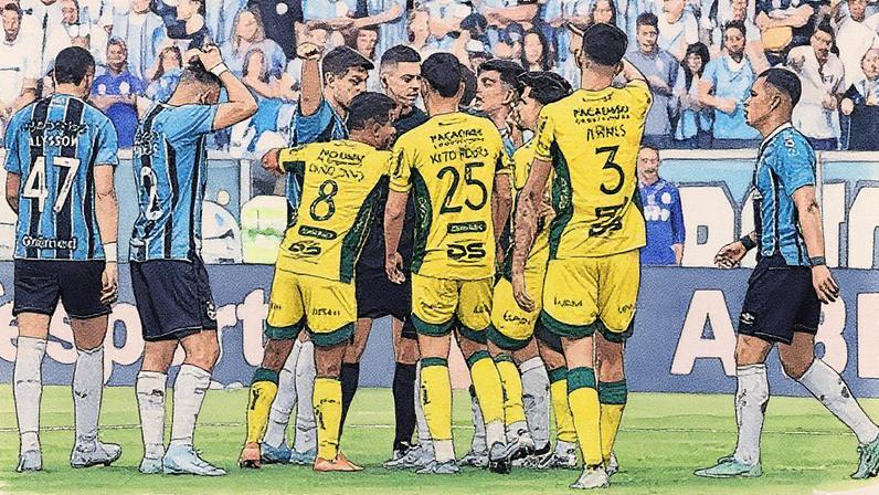 Jogadores de Grêmio e Mirassol cercam a arbitragem durante partida válida pela 23ª rodada do Brasileirão (Foto: Reprodução)