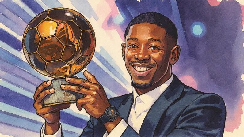 Ousmane Dembélé segura o Balão de Ouro, prêmio que o reconhece como o melhor futebolista da temporada (Foto: Reprodução)