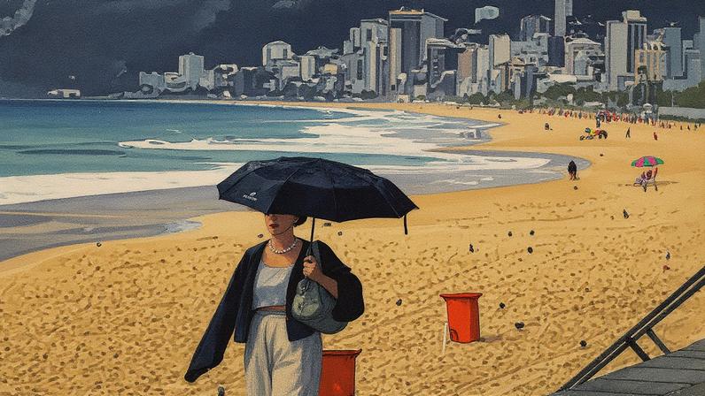 Chuva e frio na orla da Zona Sul, com a Praia do Arpoador ao fundo (Foto: Reprodução)